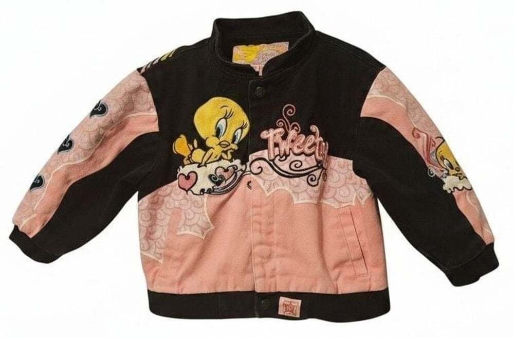 JH Design Looney Tunes Tweety Bird Pink and Black Kids Bomber Jacket Size 4T